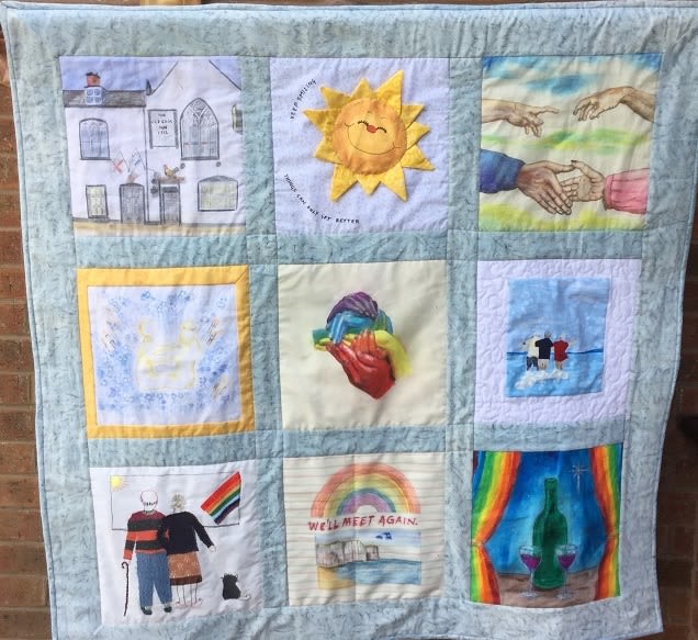 Patchwork wall hanging with artwork incorporated